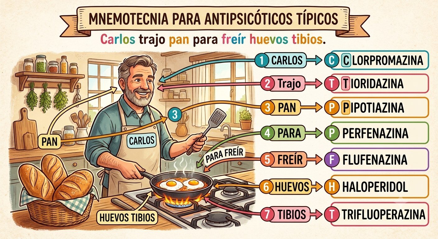 Ilustración de la nemotecnia: «Carlos Trajo Pan Para Freír Huevos Tibios»