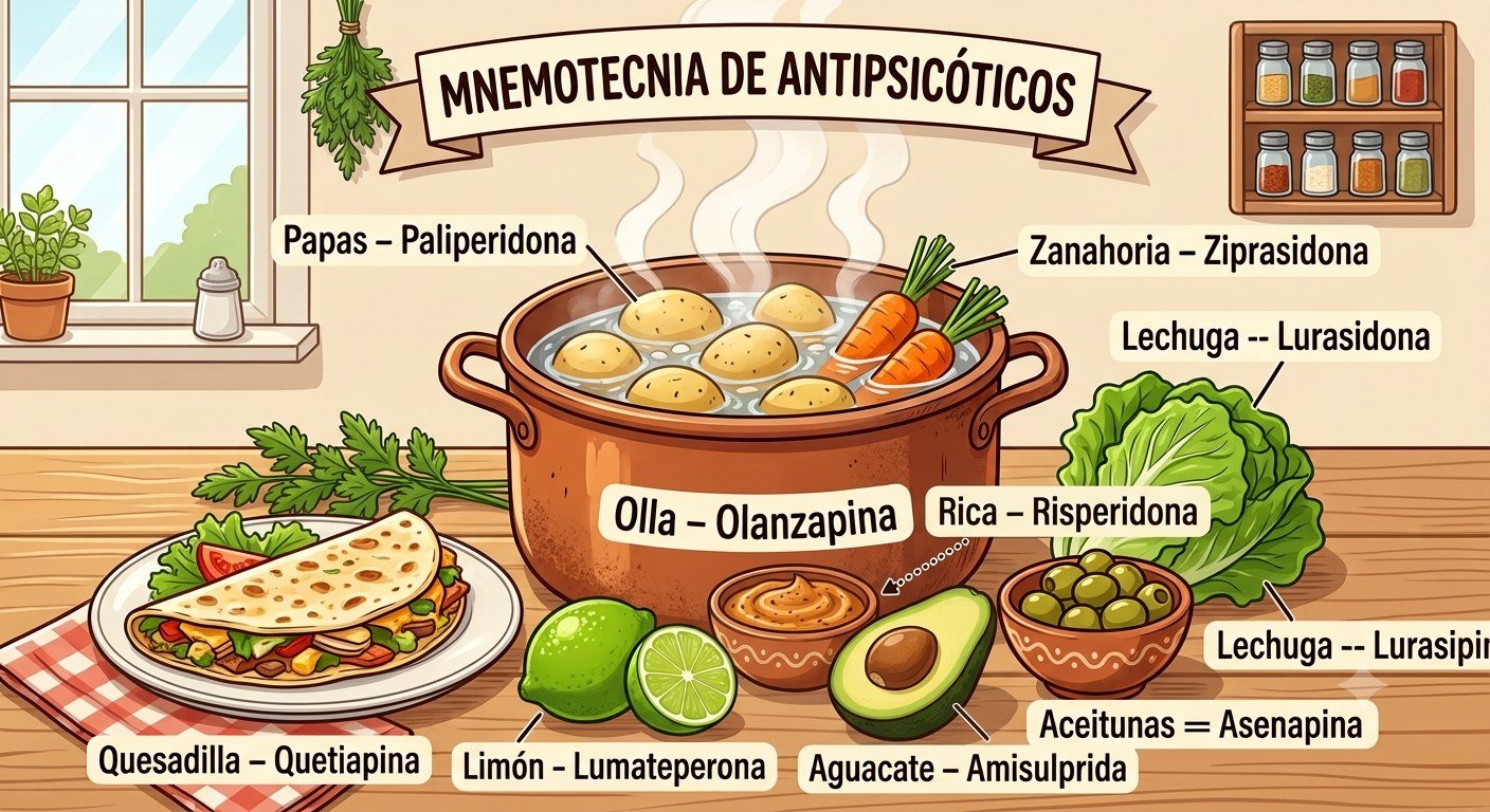 Ilustración de la nemotecnia: «Olla Rica Papas Quesadilla Limón Aguacate Aceitunas Lechuga Zanahoria»